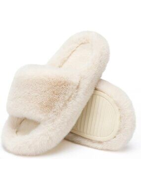 Cozy Women's Blue Faux Fur Lined Open Toe Slippers, Memory Foam Comfort, Size 12